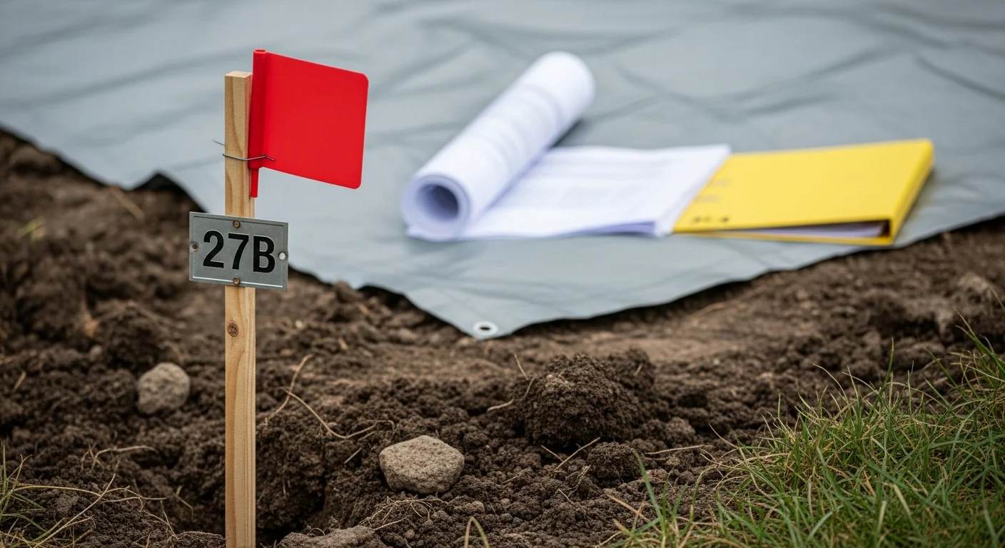 Vermessungsstake mit roter Markierung an einer Bauparzelle